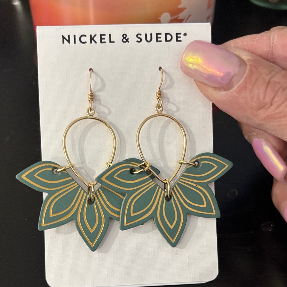 Green Gold Floral Drop Earrings